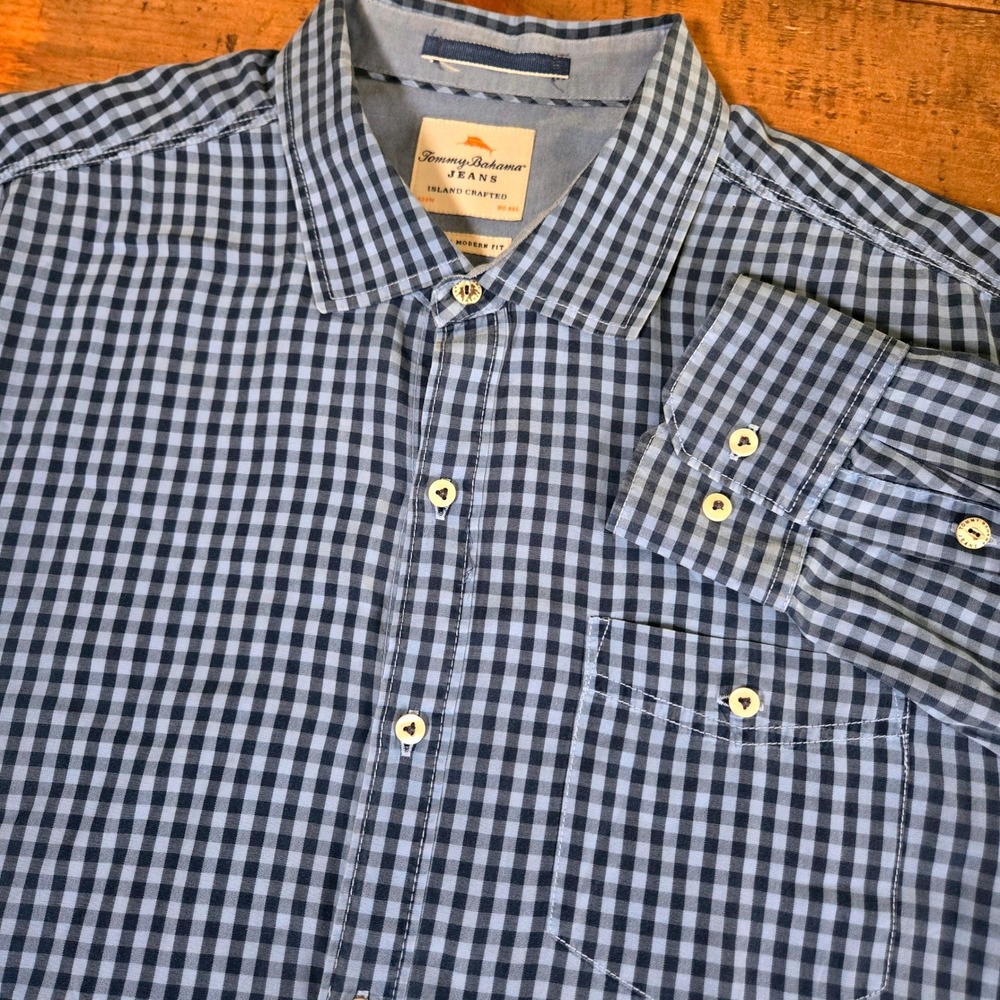 Tommy Bahama Mens Button Down XL Blue Gingham Island Modern Fit Long Sleeve